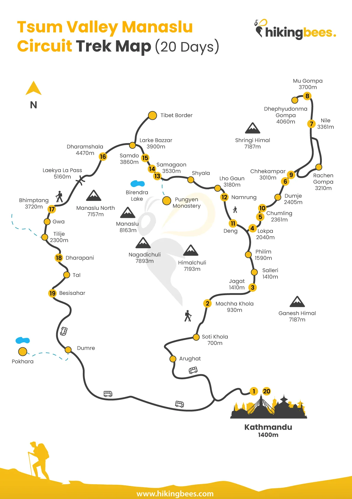 Tsum Valley with Manaslu Circuit Trek outline map
